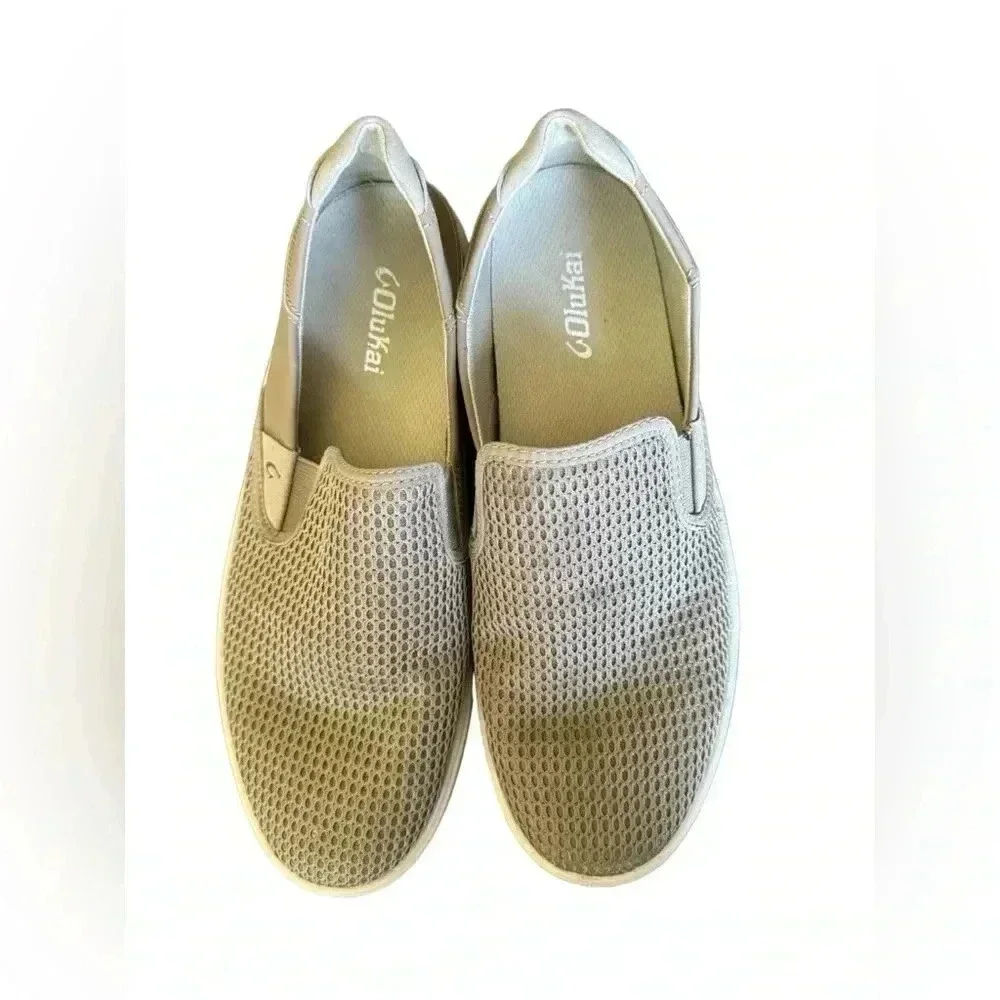 Olukai Pehuea Clay Khaki Green Perforated Textile Round Toe Slip On Sneakers